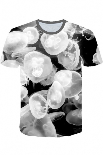 3D Sea Jellyfish Pattern Round Neck Short Sleeve T-Shirt