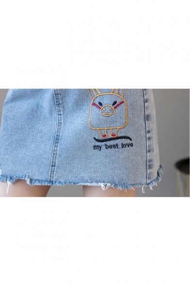 Cartoon Pig Letter MY BEST LOVE Embroidery Raw Hem High Waist Light Blue Mini A-Line Denim Skirt