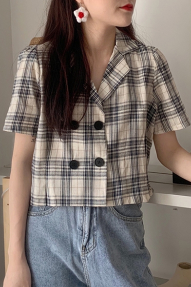 Chic Hot Fashion Check Print Double Button Front Lapel Collar Short Sleeve Sweet Shirts