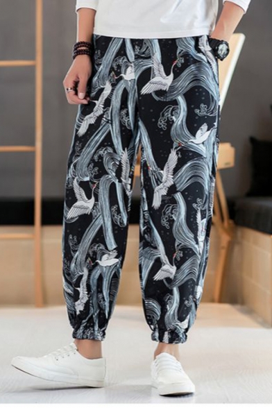 Chinese Style Crane All-over Printed Loose Fit Elastic Cuffs Men's Casual Tapered Pants