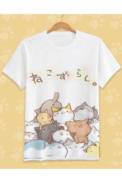 Cute Cartoon Comic Cat Printed Round Neck Short Sleeve Loose Casual White T-Shirt