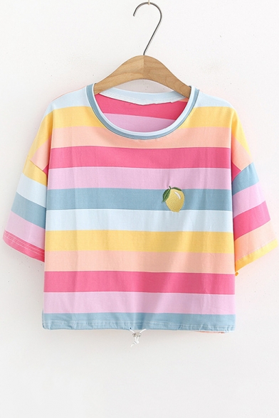 

Cute Rainbow Stripe Printed Round Neck Short Sleeve Casual Cropped T-Shirt, LC540994, Green;pink;purple