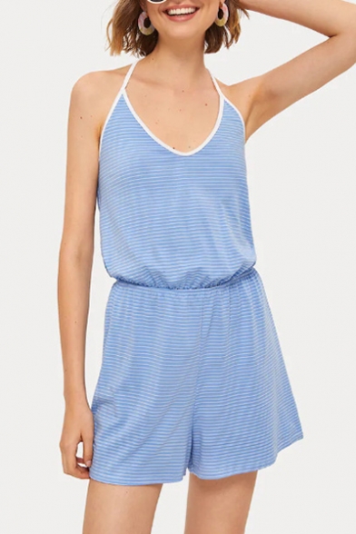 Fancy Blue Halter Neck Striped Print Elastic Waist Casual Holiday Romper for Sweet Girls