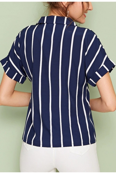 Fashion Blue Vertical Striped Print Loose Casual Button Down Shirt