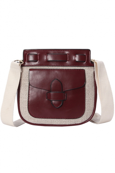 Fashion Color Block Belt Buckle Pocket Embellishment Drawstring Crossbody Bag 18*17*8 CM