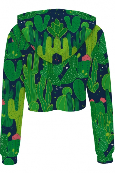 Fashion Green Cactus Print Long Sleeve Sport Cropped Drawstring Hoodie