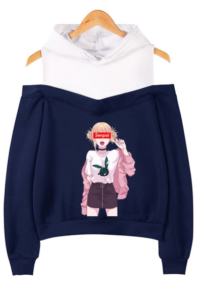 Fashion Senpai Comic Anime Girl Printed Cold Shoulder Long Sleeve Loose Pullover Hoodie