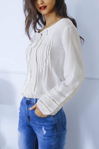 Fashion Tied Boat Neck Lace-Trim Hollow Out Long Sleeve White Blouse Top