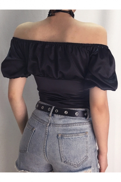 Fashion Womens Hot Sexy Black V-Neck Off Shoulder Short Sleeve Drawstring Ruched Front Crop Black Blouse