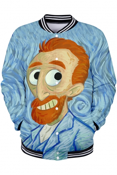 Funny Cartoon Figure Van Gogh Oil Painting Stand Collar Blue Button Down Baseball Jacket
