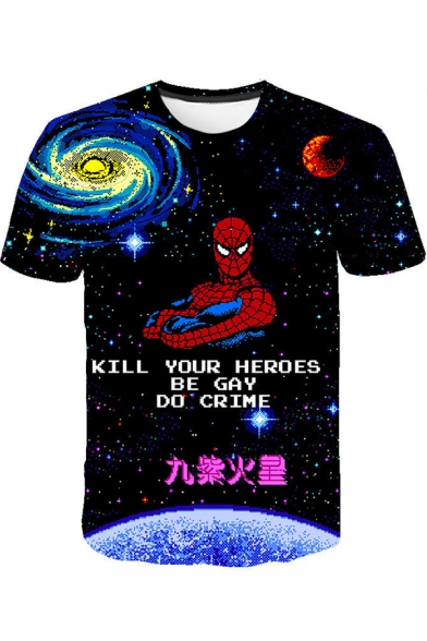 Funny Letter KILL YOUR HEROES Starry Galaxy Print Short Sleeve T-Shirt