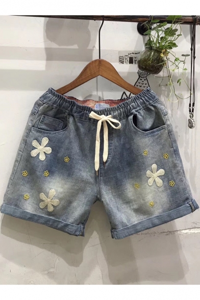 Girls Chic Fashion Floral Embroidery Drawstring Waist Light Blue Denim Shorts