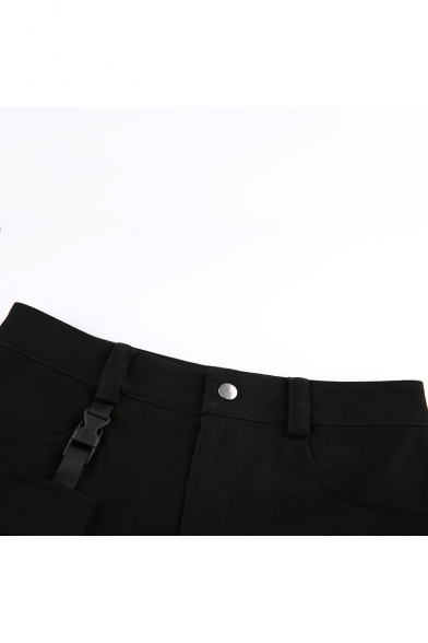 Girls Cool Street Fashion Buckled Pocket Side Black Slim Shorts