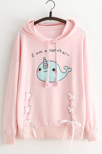 Girls Funny Cartoon Letter I AM A NARWHALE Print Lace-Up Front Cotton Loose Hoodie