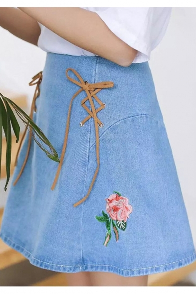Girls New Trendy Summer Blue Rose-Embroidered Lace-Up Front Mini A-line Denim Skirt