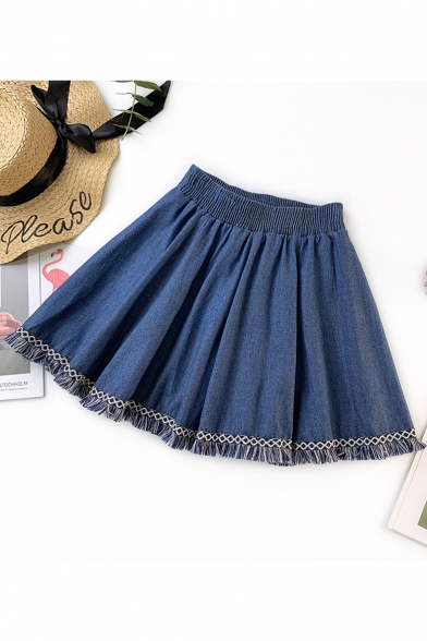 Girls Summer Elastic High Waist Fringe Hem Mini A-Line Denim Skirt