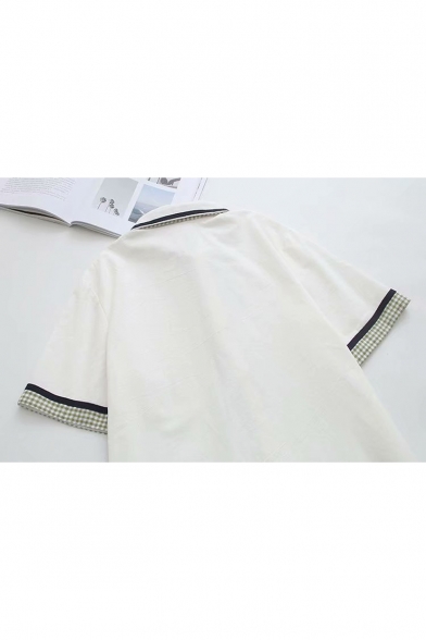 Girls Summer Funny Cartoon Avocado Pocket Tied Collar Short Sleeve White Shirt