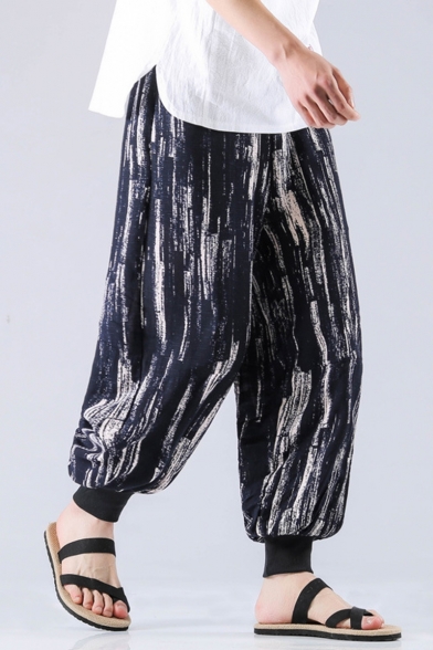 Guys Chinese Style New Fashion Unique Printed Casual Linen Bloom Pants Vintage Wide Leg Pants