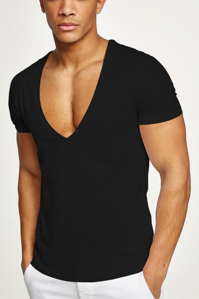 Guys Hot Popular Sexy Plunging V-Neck Short Sleeve Cotton Fitness T-Shirt