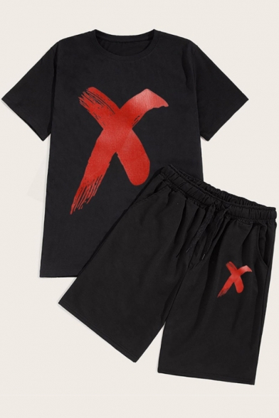 Guys Hot Popular Simple Letter X Print Short Sleeve T-Shirt with Loose Shorts Black Two-Piece Set