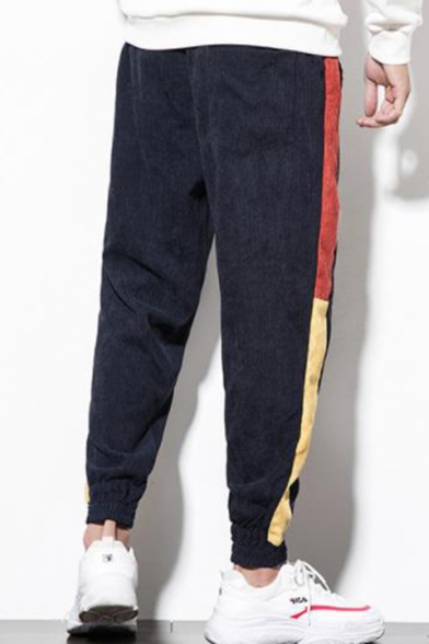 Guys New Fashion Colorblock Patched Drawstring Waist Elastic Cuffs Casual Corduroy Carrot Pants