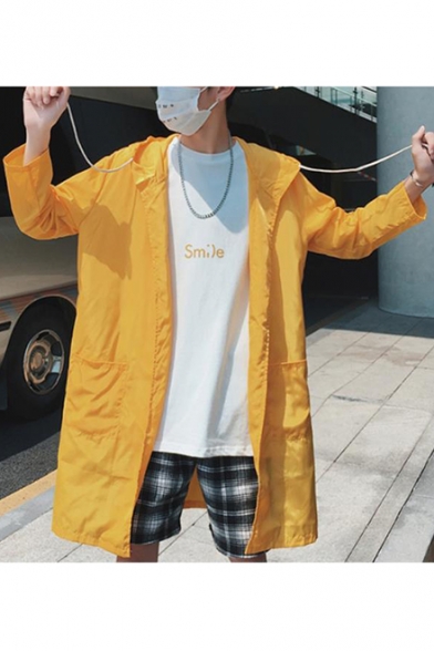 Guys Summer Cool Simple Letter Print Back Hooded Zip Up Sun Protection Longline Coat