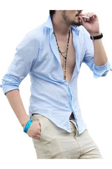 Guys Summer Holiday Fashion Washed Simple Plain Long Sleeve Casual Linen Shirt