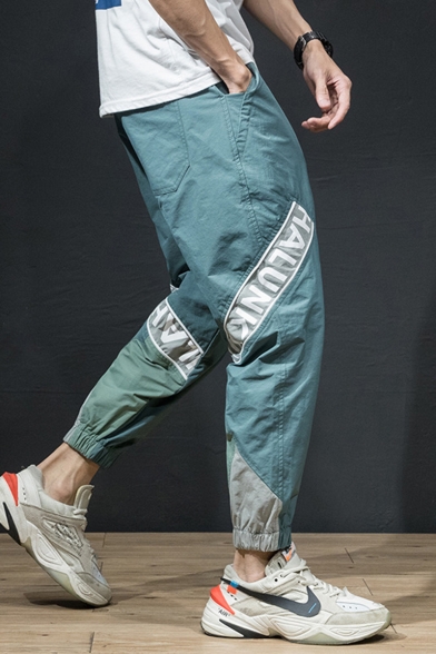 Guys Trendy Colorblock Letter Patched Drawstring Waist Elastic Cuff Casual Tapered Track Pants