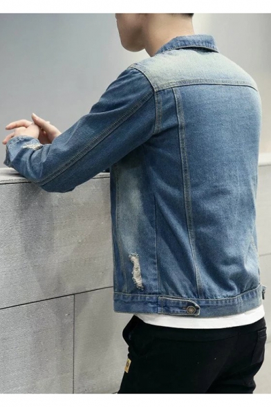Guys Vintage Distressed Ripped Long Sleeve Button Front Fitted Blue Denim Jacket