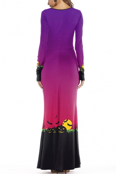 Halloween Stylish Pumpkin Print Long Sleeve Hot Popular Round Neck Maxi Dress for Evening Party