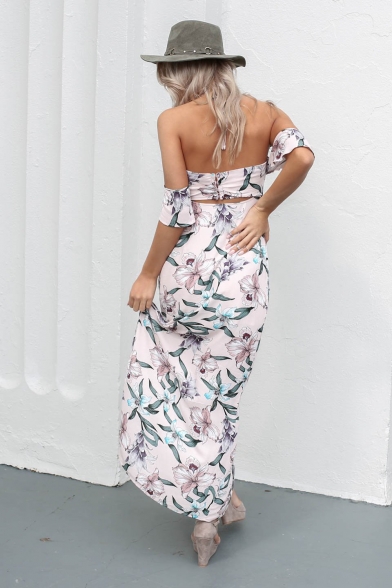 Hot Fashion Chic Light Pink Floral Printed Halter Neck Cutout Front Split Side Maxi Beach Dress