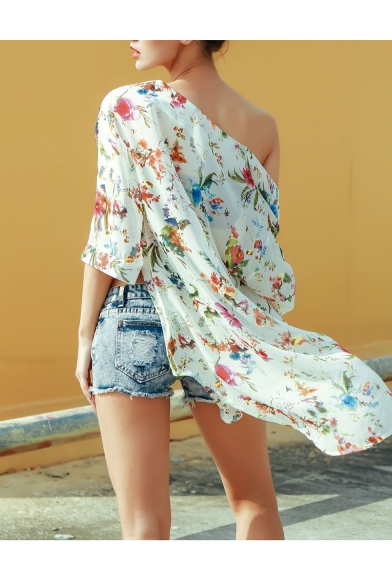 Hot Fashion Womens Floral Print Half Sleeve Chiffon Holiday Sunscreen Tunic Cardigan Shirt