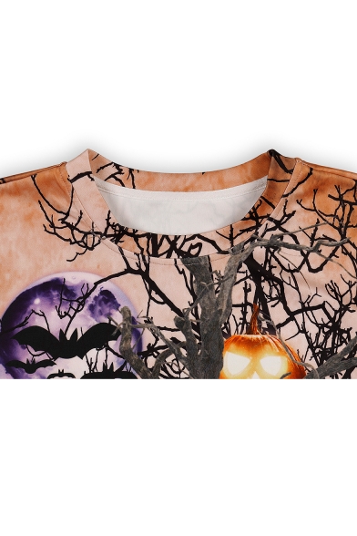 Hot Popular Halloween Pumpkin 3D Print Round Neck Long Sleeve Khaki Sweatshirt