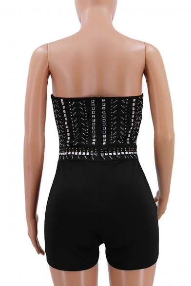 Hot Popular Sexy Hot Drilling Embellished Strapless Sleeveless Skinny Fit Stretch Bustier Rompers