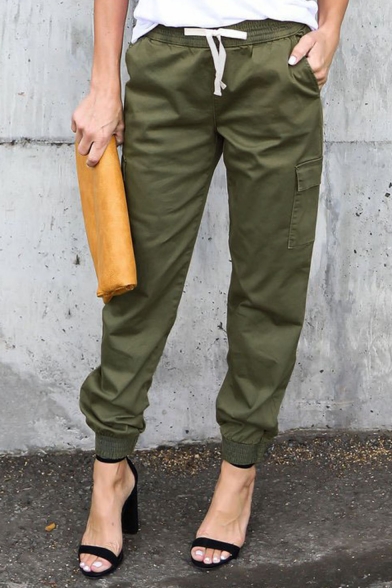 Hot Stylish Classic Plain High Rise Elastic Cuff Pocket Side Cargo Pants for Women