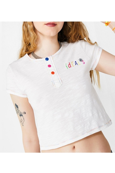 Hot Stylish White Button Down Ideals Letter Embroidery Short Sleeve Round Neck Casual T-Shirts