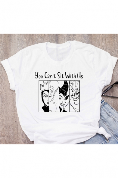 Maleficent Funny Letter YOU CAN'T SIT WITH US Printed Round Neck Short Sleeve White Tee