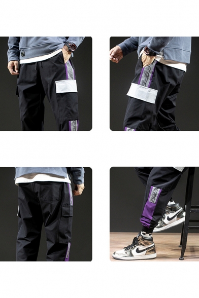 Men's Hip Pop Style Fashion Colorblock Patched Side Letter Printed Drawstring Waist Trendy Loose Track Pants Cargo Pants with Flap Pockets