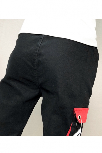 Men's Hip Pop Style Letter UK FKBSON Printed Ring Embellished Flap Pocket Side Drawstring Waist Black Casual Ripped Cargo Pants