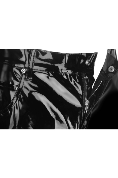 Men's Hot Fashion Solid Color Black High Gloss Patent Leather Sexy Night Club Pants