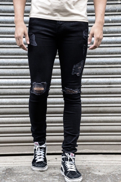 Men's Hot Fashion Solid Color Knee Cut Skinny Ripped Jeans