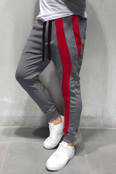 Men's New Fashion Colorblock Stripe Patched Drawstring Waist Casual Pencil Pants
