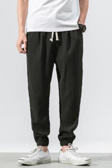 Men's New Fashion Simple Plain Drawstring Waist Elastic Cuffs Loose Linen Tapered Pants