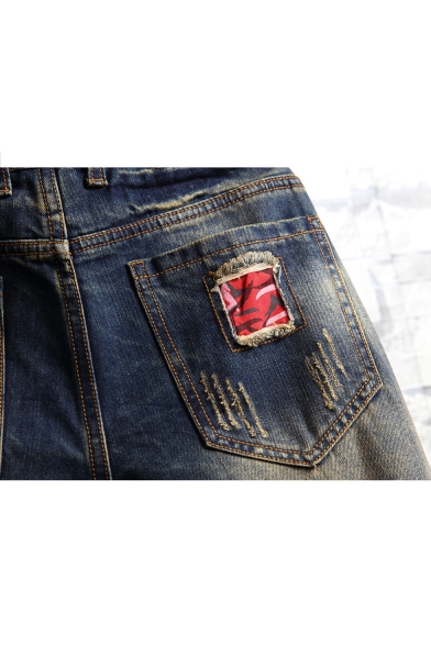 Men's New Fashion Vintage Washed Destroyed Ripped Personality Patch Slim Fit Blue Denim Shorts