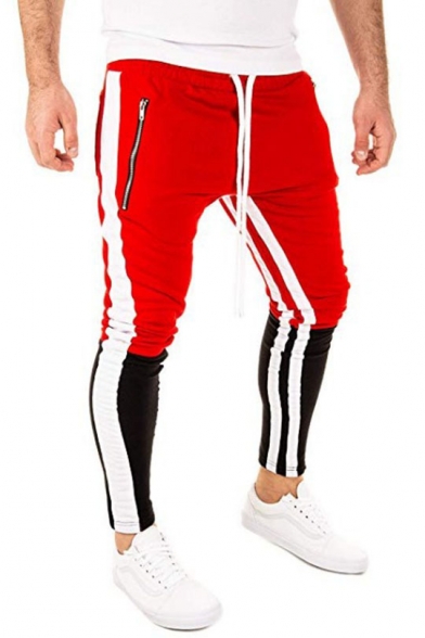 Men's New Stylish Colorblock Stripe Pattern Zipped Pocket Drawstring Waist Casual Sports Pencil Pants