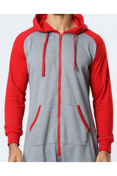 Men's New Stylish Long Sleeve Hooded Zip Up One Piece Grey and Red Sleepwear Lounge Jumpsuits