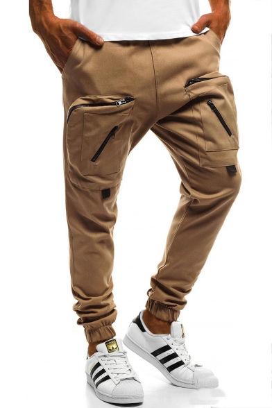 Men's New Stylish Solid Color Zipped Pocket Elastic Cuffs Khaki Casual Pencil Pants