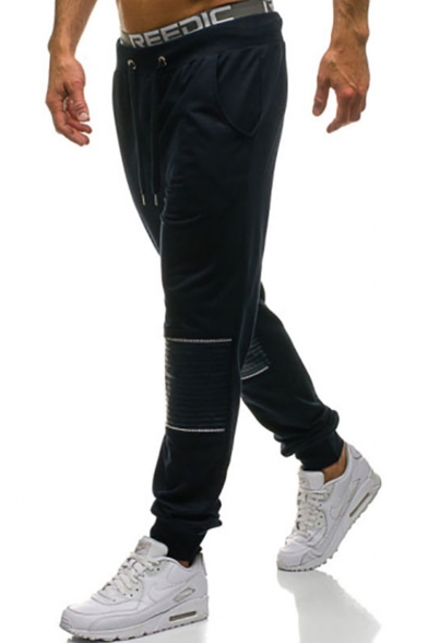 Men's New Stylish Zipper Pleated Patched Drawstring Waist Casual Sweatpants