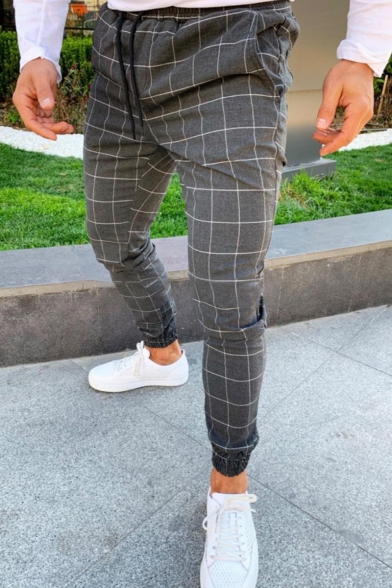 Men's Popular Fashion Plaid Pattern Drawstring Waist Elastic Cuffs Casual Slim Fit Pencil Pants