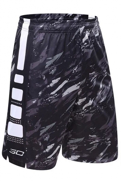 Men's Popular Fashion Printed Elastic Waist Loose Fit Quick-drying Basketball Shorts with Zipped Pocket